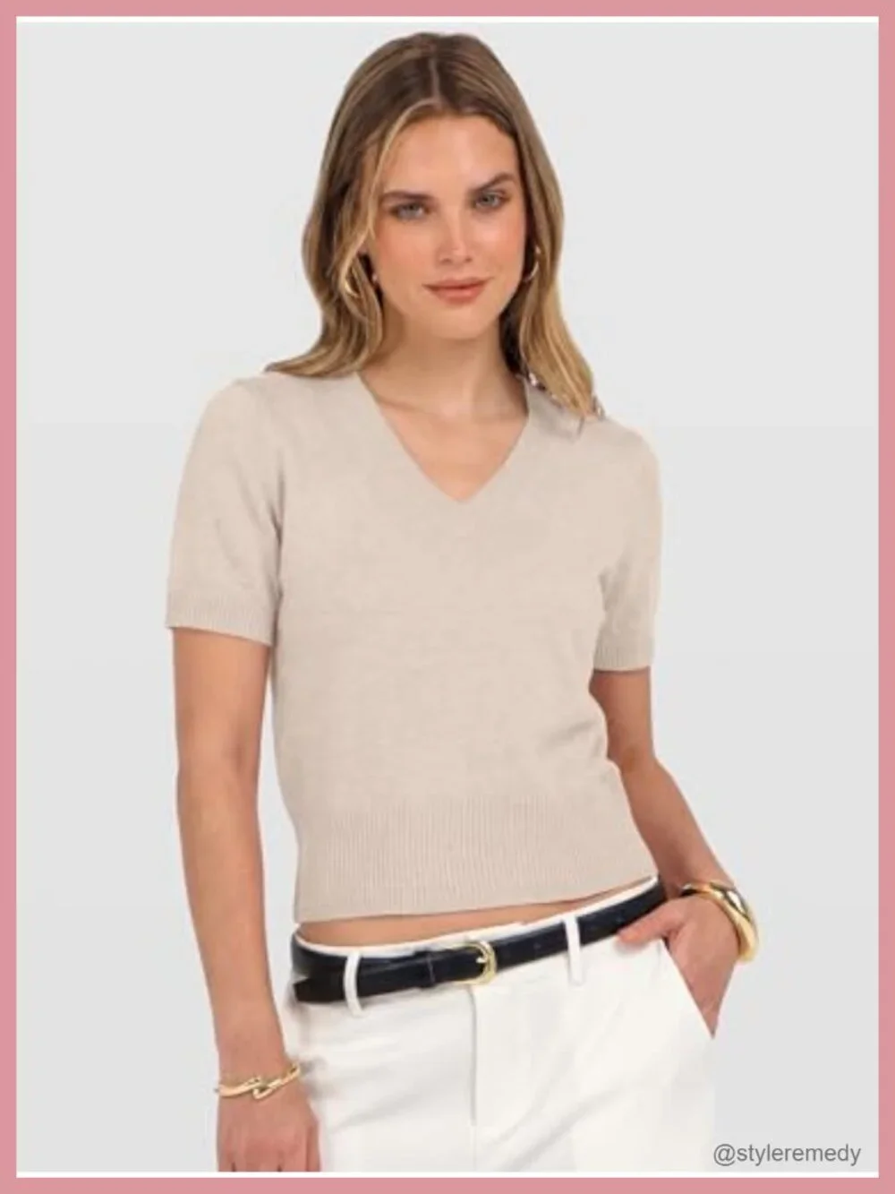 Short Sleeve V-Neck Cropped Ribbed Knit Sweater Pullover for Women Business